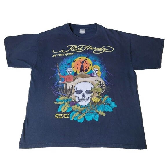 Ed Hardy by Jon Reep T-Shirt Black Gold‎ Texas Tea Skull Cowboy Graphic Tee SZ L - Picture 2 of 12